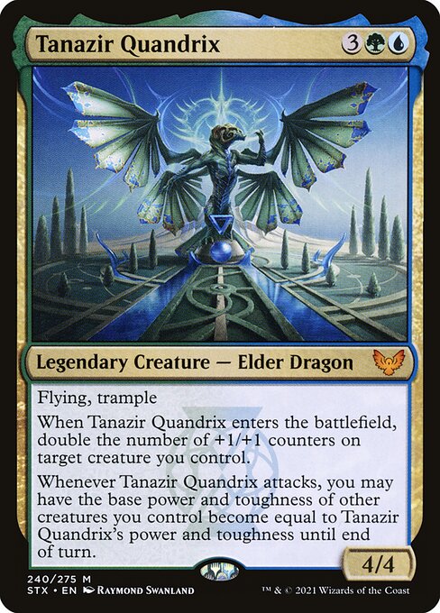 Flying, trample
When Tanazir Quandrix enters the battlefield, double the number of +1/+1 counters on target creature you control.
Whenever Tanazir Quandrix attacks, you may have the base power and toughness of other creatures you control become equal to Tanazir Quandrix's power and toughness until end of turn.