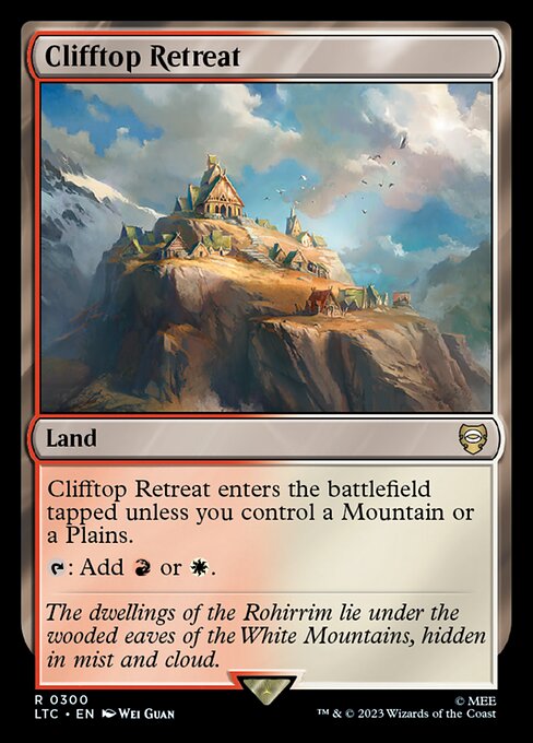 Clifftop Retreat enters the battlefield tapped unless you control a Mountain or a Plains.
{T}: Add {R} or {W}.