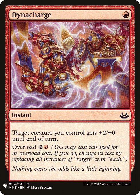 Target creature you control gets +2/+0 until end of turn.
Overload {2}{R} (You may cast this spell for its overload cost. If you do, change "target" in its text to "each.")