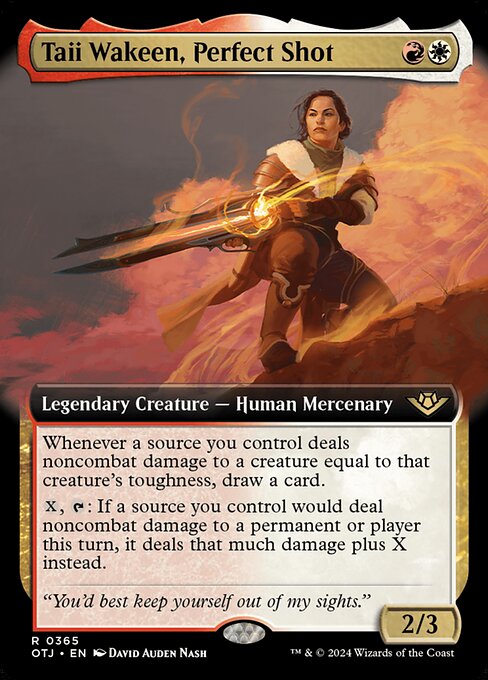 Whenever a source you control deals noncombat damage to a creature equal to that creature's toughness, draw a card.
{X}, {T}: If a source you control would deal noncombat damage to a permanent or player this turn, it deals that much damage plus X instead.