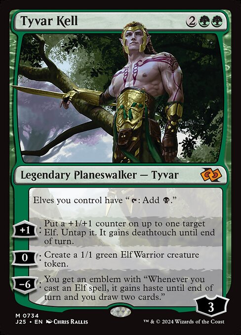 Elves you control have "{T}: Add {B}."
+1: Put a +1/+1 counter on up to one target Elf. Untap it. It gains deathtouch until end of turn.
0: Create a 1/1 green Elf Warrior creature token.
−6: You get an emblem with "Whenever you cast an Elf spell, it gains haste until end of turn and you draw two cards."