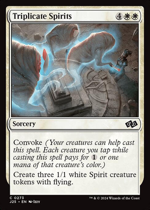 Convoke (Your creatures can help cast this spell. Each creature you tap while casting this spell pays for {1} or one mana of that creature's color.)
Create three 1/1 white Spirit creature tokens with flying.