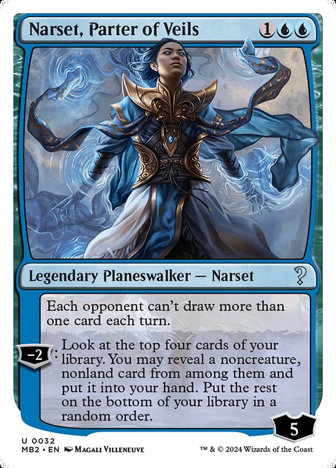 Each opponent can't draw more than one card each turn.
−2: Look at the top four cards of your library. You may reveal a noncreature, nonland card from among them and put it into your hand. Put the rest on the bottom of your library in a random order.
