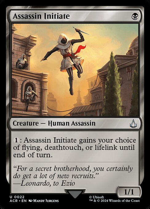 {1}: Assassin Initiate gains your choice of flying, deathtouch, or lifelink until end of turn.