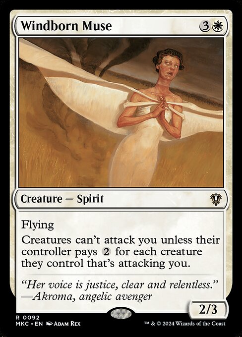 Flying
Creatures can't attack you unless their controller pays {2} for each creature they control that's attacking you.