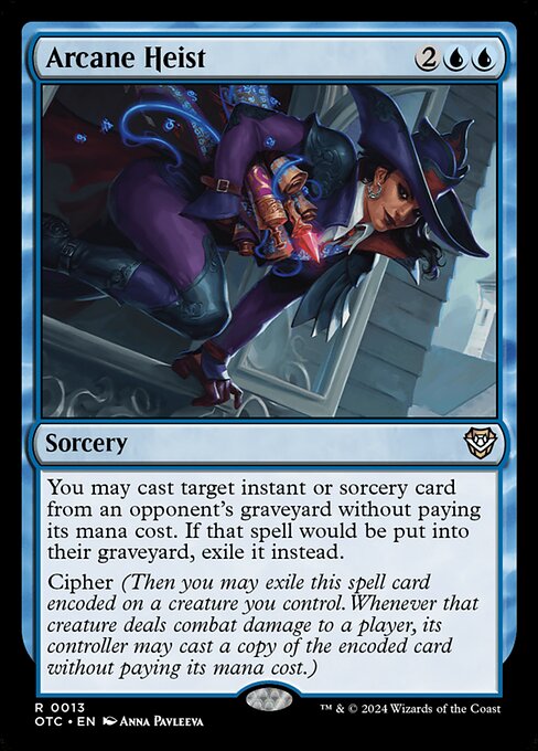 You may cast target instant or sorcery card from an opponent's graveyard without paying its mana cost. If that spell would be put into their graveyard, exile it instead.
Cipher (Then you may exile this spell card encoded on a creature you control. Whenever that creature deals combat damage to a player, its controller may cast a copy of the encoded card without paying its mana cost.)