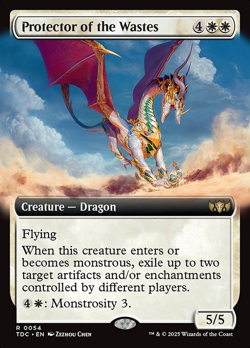 Flying
When this creature enters or becomes monstrous, exile up to two target artifacts and/or enchantments controlled by different players.
{4}{W}: Monstrosity 3. (If this creature isn't monstrous, put three +1/+1 counters on it and it becomes monstrous.)