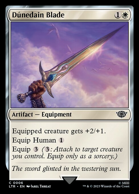 Equipped creature gets +2/+1.
Equip Human {1}
Equip {3} ({3}: Attach to target creature you control. Equip only as a sorcery.)