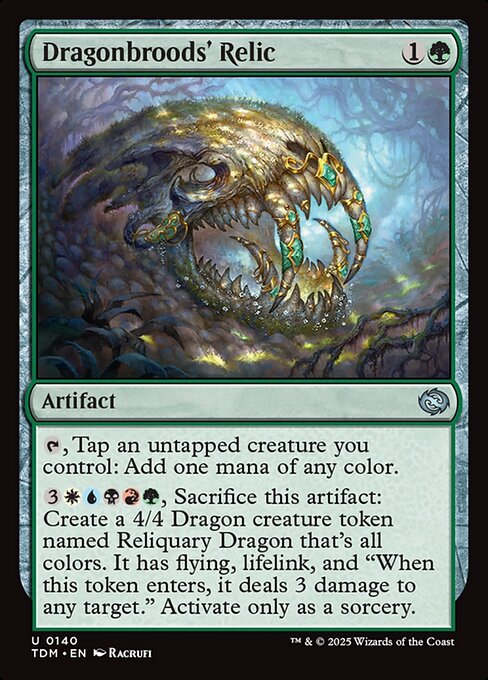 {T}, Tap an untapped creature you control: Add one mana of any color.
{3}{W}{U}{B}{R}{G}, Sacrifice this artifact: Create a 4/4 Dragon creature token named Reliquary Dragon that's all colors. It has flying, lifelink, and "When this token enters, it deals 3 damage to any target." Activate only as a sorcery.