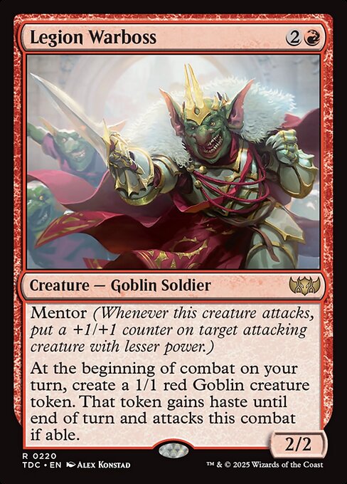 Mentor (Whenever this creature attacks, put a +1/+1 counter on target attacking creature with lesser power.)
At the beginning of combat on your turn, create a 1/1 red Goblin creature token. That token gains haste until end of turn and attacks this combat if able.
