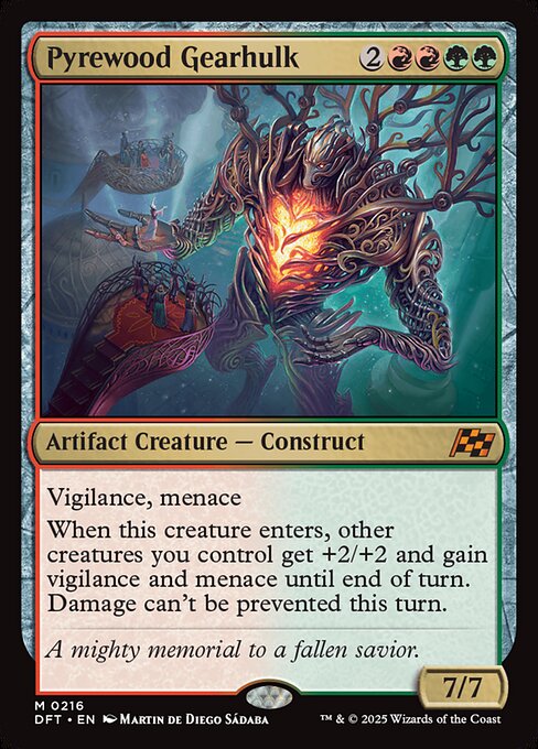 Vigilance, menace
When this creature enters, other creatures you control get +2/+2 and gain vigilance and menace until end of turn. Damage can't be prevented this turn.