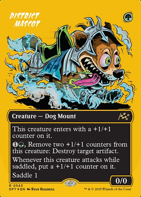 This creature enters with a +1/+1 counter on it.
{1}{G}, Remove two +1/+1 counters from this creature: Destroy target artifact.
Whenever this creature attacks while saddled, put a +1/+1 counter on it.
Saddle 1