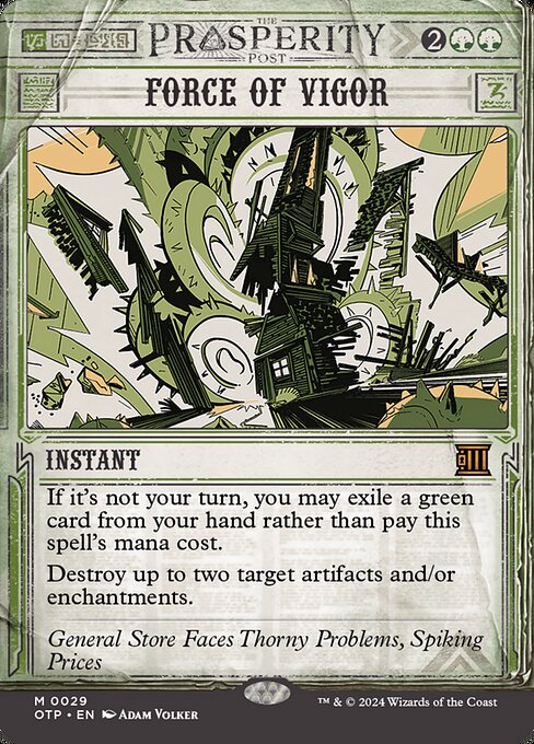 If it's not your turn, you may exile a green card from your hand rather than pay this spell's mana cost.
Destroy up to two target artifacts and/or enchantments.