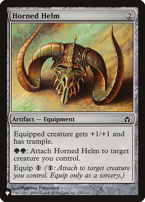 Equipped creature gets +1/+1 and has trample.
{G}{G}: Attach Horned Helm to target creature you control.
Equip {1} ({1}: Attach to target creature you control. Equip only as a sorcery.)