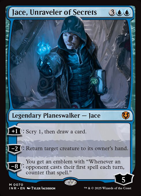 +1: Scry 1, then draw a card.
−2: Return target creature to its owner's hand.
−8: You get an emblem with "Whenever an opponent casts their first spell each turn, counter that spell."