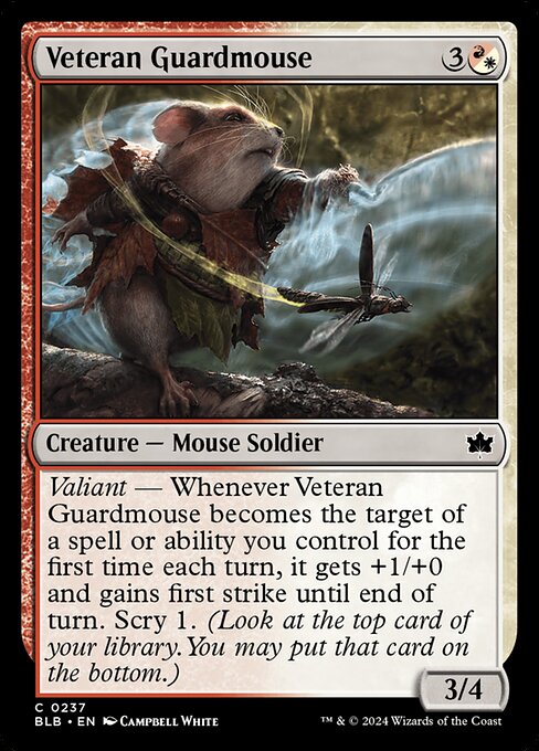 Valiant — Whenever Veteran Guardmouse becomes the target of a spell or ability you control for the first time each turn, it gets +1/+0 and gains first strike until end of turn. Scry 1. (Look at the top card of your library. You may put that card on the bottom.)