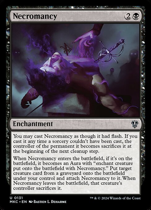 You may cast Necromancy as though it had flash. If you cast it any time a sorcery couldn't have been cast, the controller of the permanent it becomes sacrifices it at the beginning of the next cleanup step.
When Necromancy enters the battlefield, if it's on the battlefield, it becomes an Aura with "enchant creature put onto the battlefield with Necromancy." Put target creature card from a graveyard onto the battlefield under your control and attach Necromancy to it. When Necromancy leaves the ba