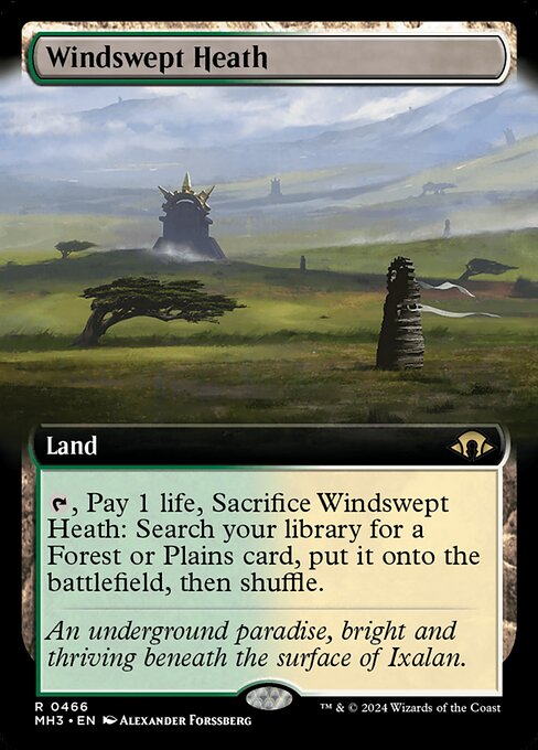 {T}, Pay 1 life, Sacrifice Windswept Heath: Search your library for a Forest or Plains card, put it onto the battlefield, then shuffle.