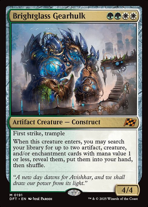 First strike, trample
When this creature enters, you may search your library for up to two artifact, creature, and/or enchantment cards with mana value 1 or less, reveal them, put them into your hand, then shuffle.
