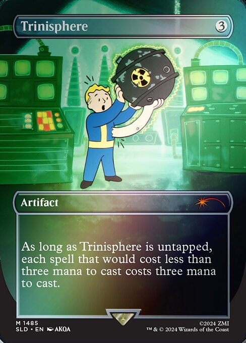 As long as Trinisphere is untapped, each spell that would cost less than three mana to cast costs three mana to cast. (Additional mana in the cost may be paid with any color of mana or colorless mana. For example, a spell that would cost {1}{B} to cast costs {2}{B} to cast instead.)