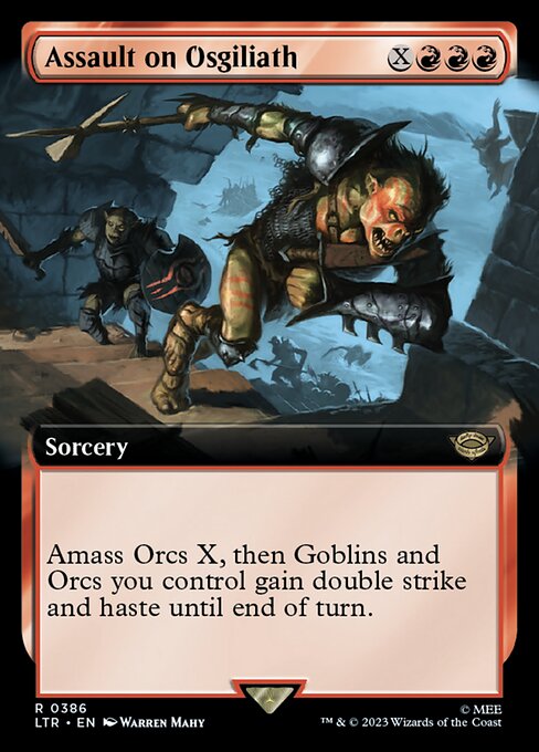 Amass Orcs X, then Goblins and Orcs you control gain double strike and haste until end of turn. (To amass Orcs X, put X +1/+1 counters on an Army you control. It's also an Orc. If you don't control an Army, create a 0/0 black Orc Army creature token first.)