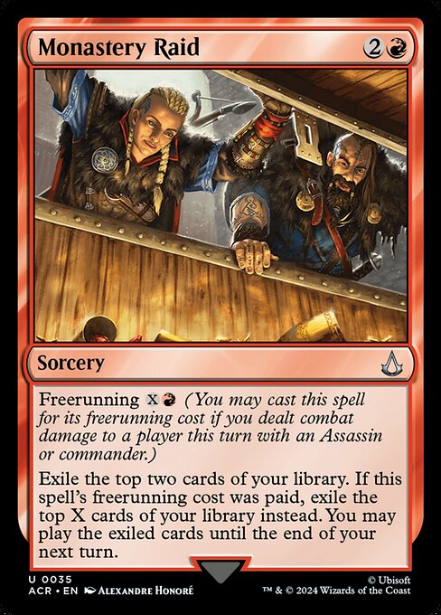 Freerunning {X}{R} (You may cast this spell for its freerunning cost if you dealt combat damage to a player this turn with an Assassin or commander.)
Exile the top two cards of your library. If this spell's freerunning cost was paid, exile the top X cards of your library instead. You may play the exiled cards until the end of your next turn.