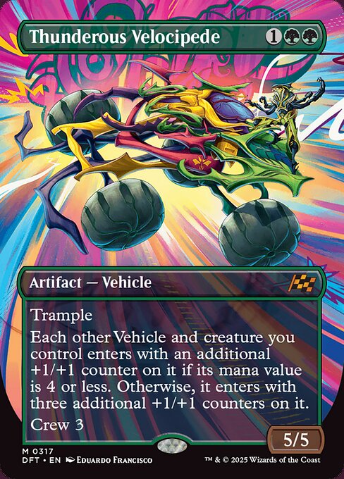 Trample
Each other Vehicle and creature you control enters with an additional +1/+1 counter on it if its mana value is 4 or less. Otherwise, it enters with three additional +1/+1 counters on it.
Crew 3
