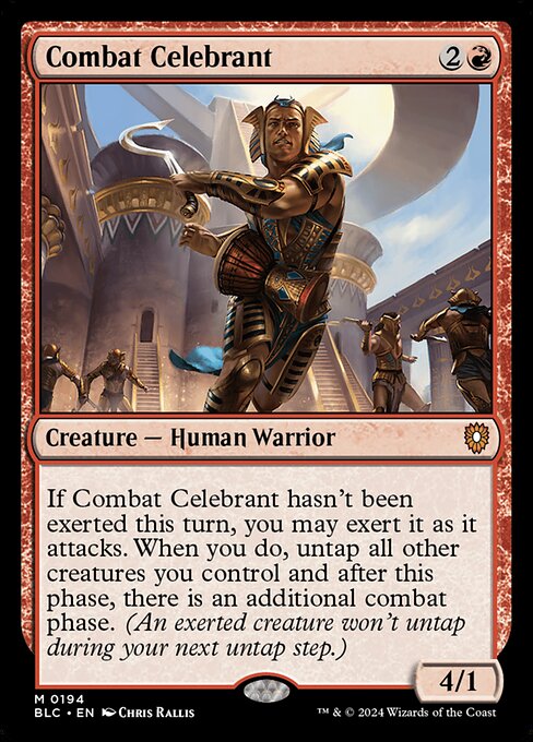 If Combat Celebrant hasn't been exerted this turn, you may exert it as it attacks. When you do, untap all other creatures you control and after this phase, there is an additional combat phase. (An exerted creature won't untap during your next untap step.)