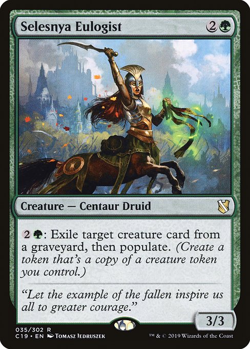 {2}{G}: Exile target creature card from a graveyard, then populate. (Create a token that's a copy of a creature token you control.)