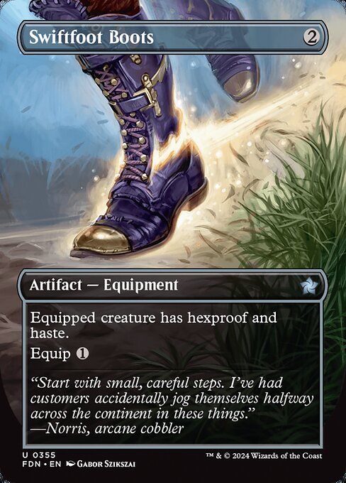 Equipped creature has hexproof and haste. (It can't be the target of spells or abilities your opponents control. It can attack and {T} no matter when it came under your control.)
Equip {1} ({1}: Attach to target creature you control. Equip only as a sorcery.)