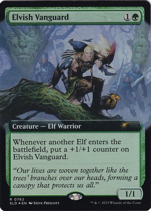 Whenever another Elf enters the battlefield, put a +1/+1 counter on Elvish Vanguard.