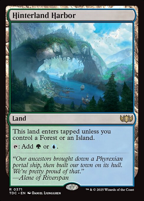 This land enters tapped unless you control a Forest or an Island.
{T}: Add {G} or {U}.