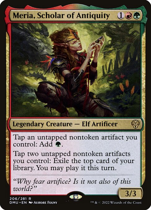 Tap an untapped nontoken artifact you control: Add {G}.
Tap two untapped nontoken artifacts you control: Exile the top card of your library. You may play it this turn.
