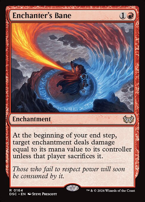 At the beginning of your end step, target enchantment deals damage equal to its mana value to its controller unless that player sacrifices it.