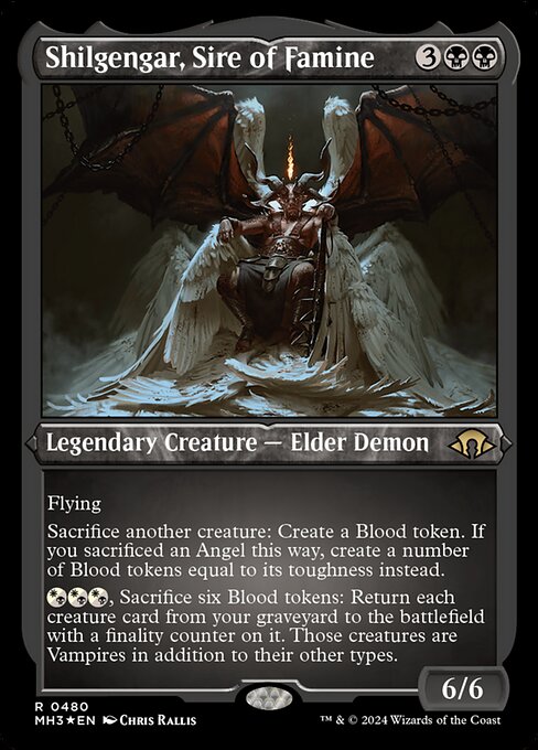 Flying
Sacrifice another creature: Create a Blood token. If you sacrificed an Angel this way, create a number of Blood tokens equal to its toughness instead.
{W/B}{W/B}{W/B}, Sacrifice six Blood tokens: Return each creature card from your graveyard to the battlefield with a finality counter on it. Those creatures are Vampires in addition to their other types.