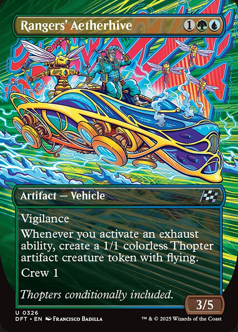 Vigilance
Whenever you activate an exhaust ability, create a 1/1 colorless Thopter artifact creature token with flying.
Crew 1 (Tap any number of creatures you control with total power 1 or more: This Vehicle becomes an artifact creature until end of turn.)