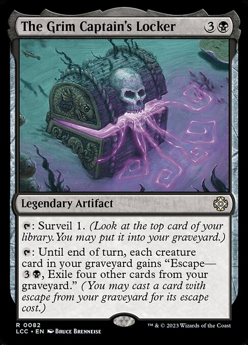 {T}: Surveil 1. (Look at the top card of your library. You may put it into your graveyard.)
{T}: Until end of turn, each creature card in your graveyard gains "Escape—{3}{B}, Exile four other cards from your graveyard." (You may cast a card with escape from your graveyard for its escape cost.)