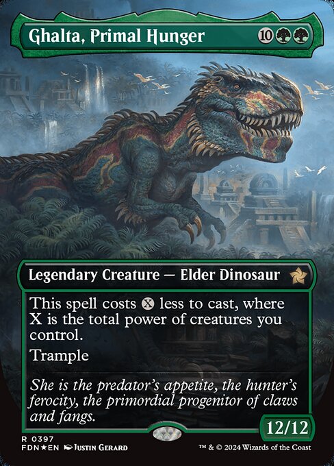 This spell costs {X} less to cast, where X is the total power of creatures you control.
Trample (This creature can deal excess combat damage to the player or planeswalker it's attacking.)