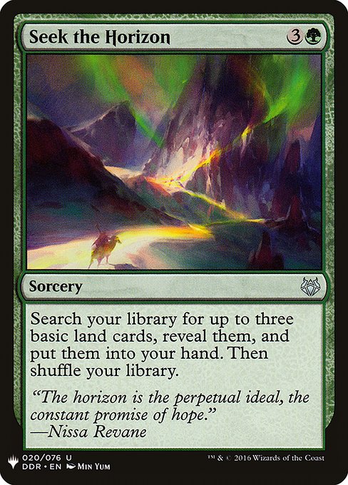 Search your library for up to three basic land cards, reveal them, put them into your hand, then shuffle.