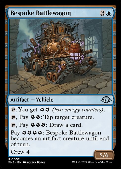 {T}: You get {E}{E} (two energy counters).
{T}, Pay {E}{E}: Tap target creature.
{T}, Pay {E}{E}{E}: Draw a card.
Pay {E}{E}{E}{E}: Bespoke Battlewagon becomes an artifact creature until end of turn.
Crew 4