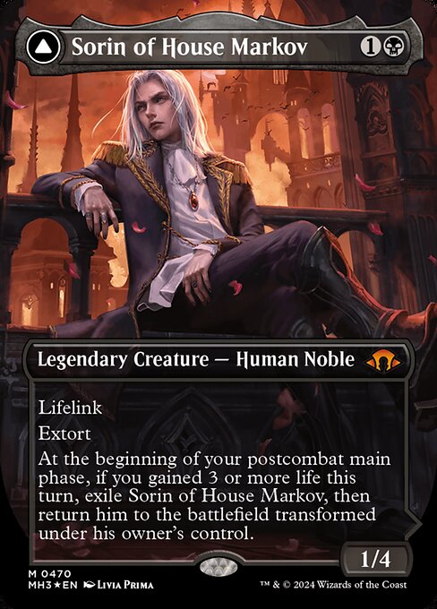 Lifelink
Extort (Whenever you cast a spell, you may pay {W/B}. If you do, each opponent loses 1 life and you gain that much life.)
At the beginning of your postcombat main phase, if you gained 3 or more life this turn, exile Sorin of House Markov, then return him to the battlefield transformed under his owner's control.   Extort (Whenever you cast a spell, you may pay {W/B}. If you do, each opponent loses 1 life and you gain that much life.)
+2: Create a Food token.
−1: Sorin, Ravenous Neonate d