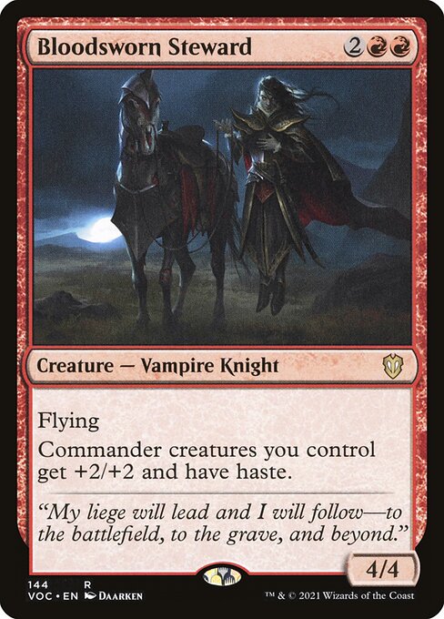 Flying
Commander creatures you control get +2/+2 and have haste.