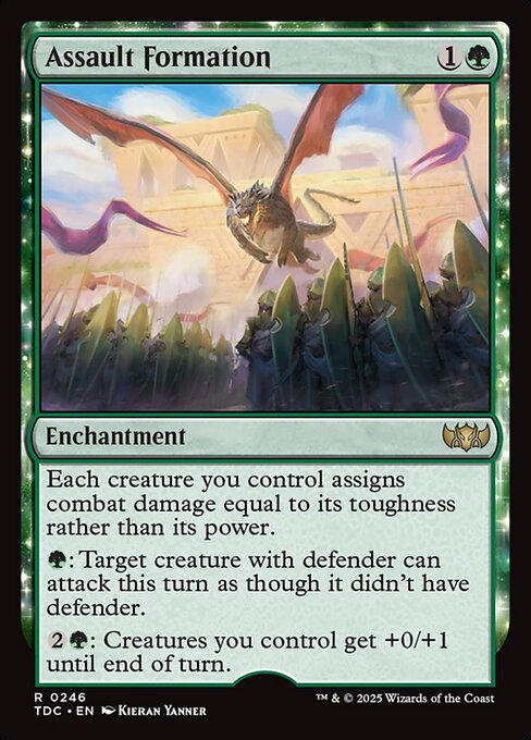 Each creature you control assigns combat damage equal to its toughness rather than its power.
{G}: Target creature with defender can attack this turn as though it didn't have defender.
{2}{G}: Creatures you control get +0/+1 until end of turn.