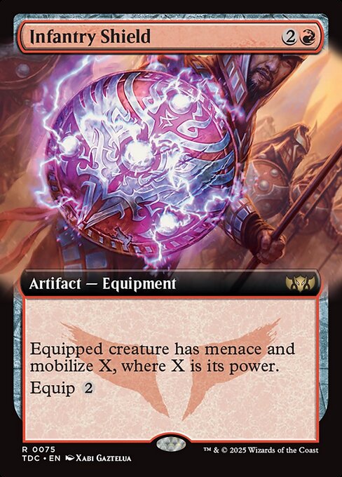Equipped creature has menace and mobilize X, where X is its power. (Whenever it attacks, create X tapped and attacking 1/1 red Warrior creature tokens. Sacrifice them at the beginning of the next end step.)
Equip {2}
