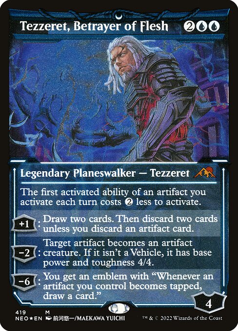 The first activated ability of an artifact you activate each turn costs {2} less to activate.
+1: Draw two cards. Then discard two cards unless you discard an artifact card.
−2: Target artifact becomes an artifact creature. If it isn't a Vehicle, it has base power and toughness 4/4.
−6: You get an emblem with "Whenever an artifact you control becomes tapped, draw a card."