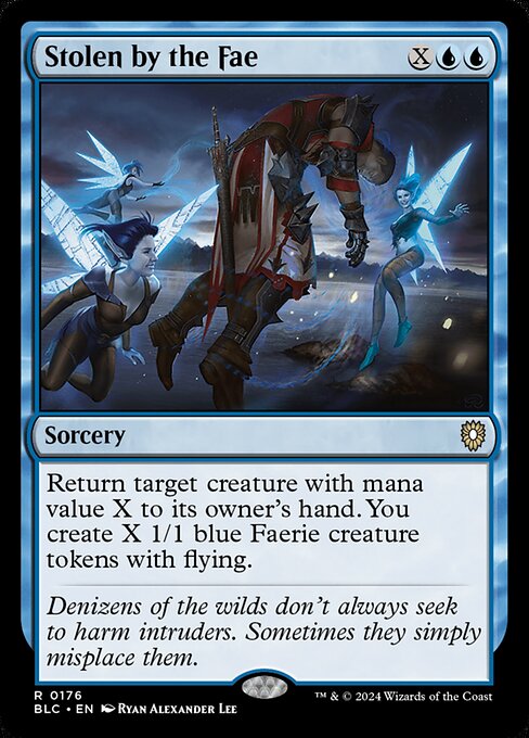 Return target creature with mana value X to its owner's hand. You create X 1/1 blue Faerie creature tokens with flying.