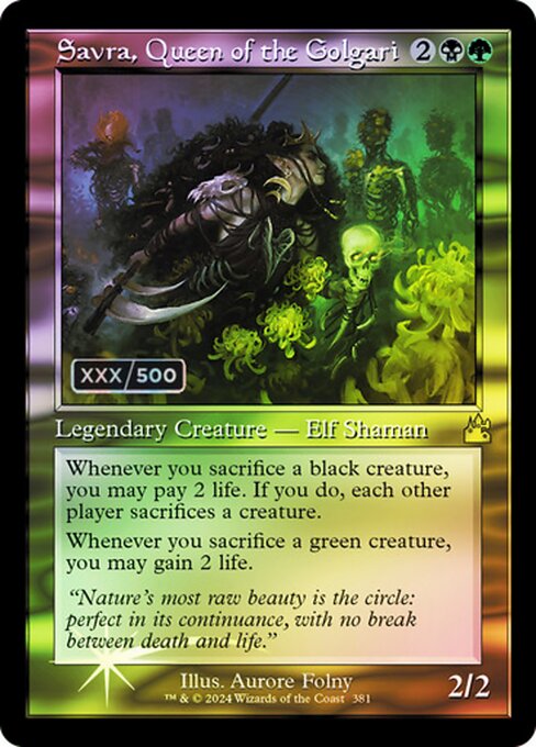 Whenever you sacrifice a black creature, you may pay 2 life. If you do, each other player sacrifices a creature.
Whenever you sacrifice a green creature, you may gain 2 life.