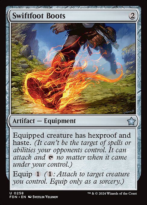 Equipped creature has hexproof and haste. (It can't be the target of spells or abilities your opponents control. It can attack and {T} no matter when it came under your control.)
Equip {1} ({1}: Attach to target creature you control. Equip only as a sorcery.)