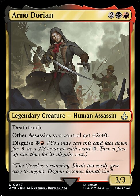 Deathtouch
Other Assassins you control get +2/+0.
Disguise {B}{R} (You may cast this card face down for {3} as a 2/2 creature with ward {2}. Turn it face up any time for its disguise cost.)