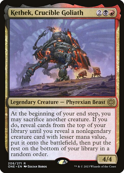 At the beginning of your end step, you may sacrifice another creature. If you do, reveal cards from the top of your library until you reveal a nonlegendary creature card with lesser mana value, put it onto the battlefield, then put the rest on the bottom of your library in a random order.